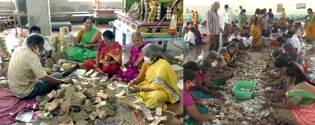 காணிக்கைகளை எண்ணும் தன்னார்வலர்கள்.